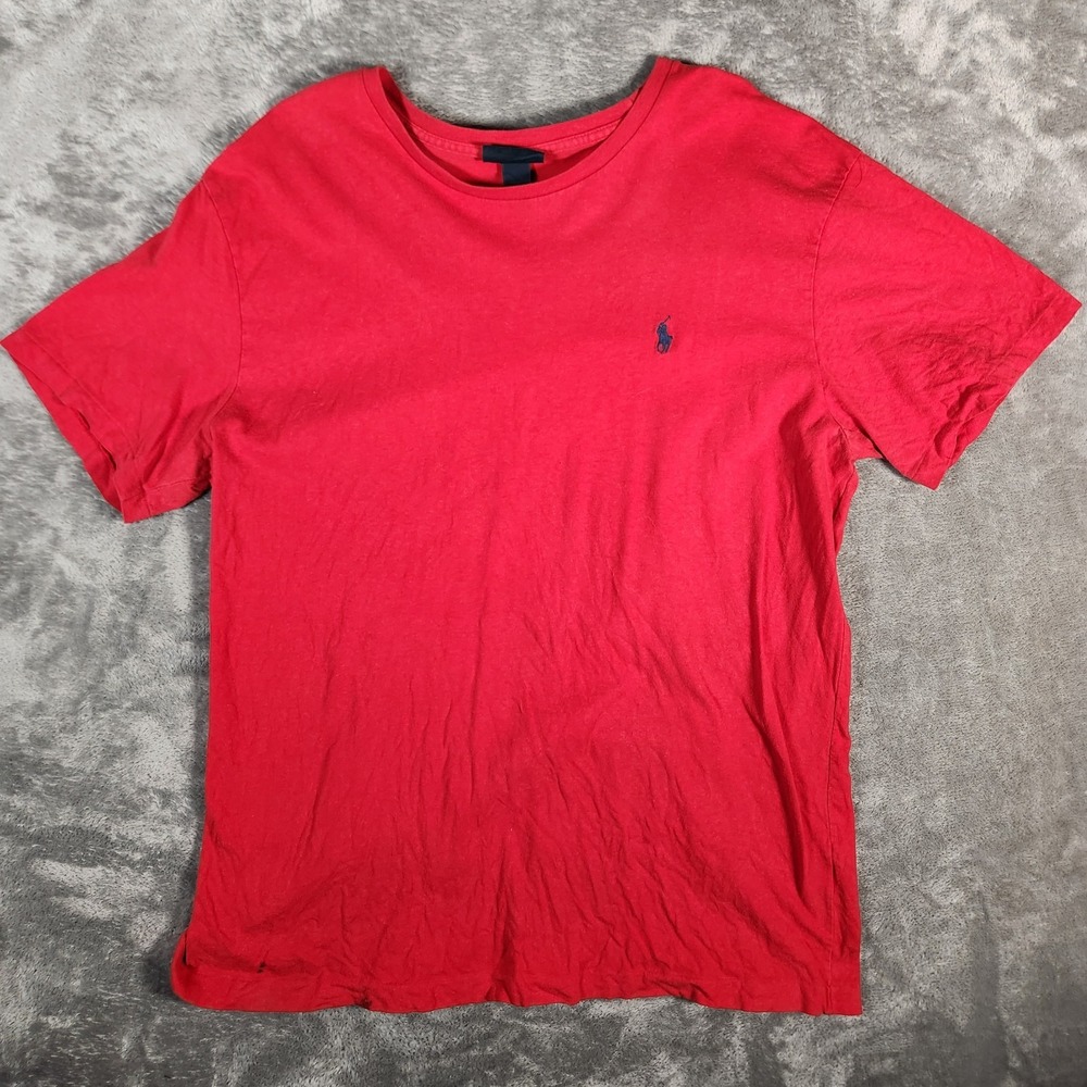 Polo Ralph Lauren Mens Large Red Crewneck T-Shirt Blue Pony Cotton Summer